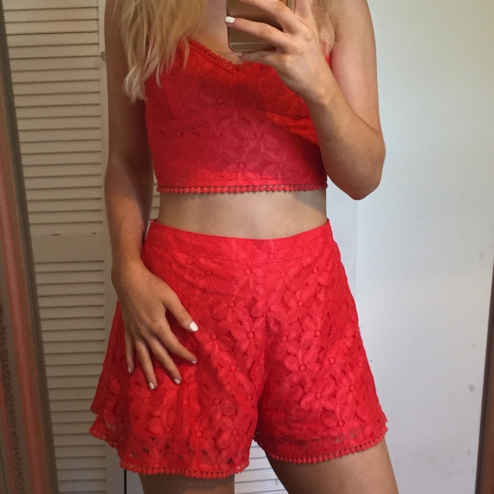 Hollister Red Laced Top, Short, & Skirt Set